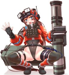 Rule 34 | 1girl, bandaid, bandaid on cheek, bandaid on face, black gloves, blue eyes, breasts, brown hair, covered navel, facepaint, fingerless gloves, gloves, goddess of victory: nikke, helmet, highleg, highleg leotard, highres, holding, holding rocket launcher, holding weapon, leotard, long hair, long sleeves, looking at viewer, medium breasts, mica (nikke), open mouth, rocket launcher, shimogami migihidari, shiny skin, simple background, smile, spread legs, squatting, tactical clothes, thighs, thong leotard, weapon, white background