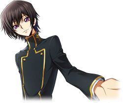 Rule 34 | 1boy, artist request, black hair, black jacket, buttons, code geass, code geass: lost stories, cropped torso, double-breasted, dutch angle, game cg, gold trim, hair between eyes, happy, jacket, layered sleeves, lelouch vi britannia, long sleeves, looking at viewer, male focus, non-web source, official art, parted lips, purple eyes, reaching, reaching towards viewer, school uniform, short hair, sidelocks, simple background, smile, solo, standing, teeth, transparent background, upper body