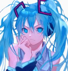Rule 34 | 1girl, absurdres, bare shoulders, blue eyes, blue hair, closed blue (vocaloid), closed mouth, film grain, grey background, hair between eyes, hatsune miku, head rest, highres, long hair, looking at viewer, merukoodo, simple background, solo, twintails, upper body, vocaloid