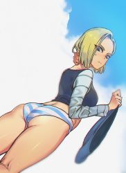 Rule 34 | 1girl, android 18, ass, bad id, bad pixiv id, blonde hair, blurry, chromatic aberration, dragon ball, dragonball z, from behind, harabacho (gkfkqkch1), no pants, panties, striped clothes, striped panties, thighs, underwear