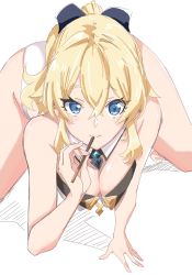 Rule 34 | 1girl, all fours, blonde hair, blue bow, blue eyes, blush, bow, breasts, cleavage, cross, cross earrings, dress, earrings, food, genshin impact, hair bow, highres, jean (genshin impact), jewelry, long hair, looking at viewer, medium breasts, pants, pocky, pocky day, ponytail, solo, task baron, tight clothes, white pants
