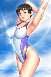 Rule 34 | 1girl, ;d, ahoge, arm grab, armpits, arms up, black hair, blush, breasts, brown eyes, cleavage, cloud, competition swimsuit, covered erect nipples, game cg, highleg, highleg swimsuit, highres, hip focus, impossible clothes, impossible swimsuit, katsuragi ayumi, large breasts, light rays, lips, looking at viewer, navel, one-piece swimsuit, one eye closed, open mouth, outdoors, profile, short hair, sister mermaid, sky, smile, solo, standing, stretching, sunbeam, sunlight, swimsuit, thick thighs, thighs, tsukasa jun, wide hips, wink