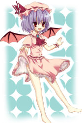 Rule 34 | 1girl, bad id, bad pixiv id, barefoot, bat wings, clothes lift, cuffs, etou (cherry7), etou (pixiv446888), fang, female focus, hat, highres, purple hair, red eyes, remilia scarlet, ribbon, skirt, skirt lift, solo, touhou, white background, wings, wrist cuffs