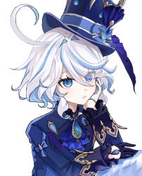 1girl ahoge ascot asymmetrical_gloves black_gloves blue_ascot blue_bow blue_eyes blue_gemstone blue_hair blue_hat blue_jacket blue_ribbon bow commentary_request drop-shaped_pupils furina_(genshin_impact) gem genshin_impact gloves hair_between_eyes hand_on_own_cheek hand_on_own_face hat hat_bow highres http_status_code jacket light_blue_hair light_blush long_sleeves looking_at_viewer mismatched_gloves multicolored_hair parted_lips partial_commentary ribbon rishaku_(user_cuwx8758) solo streaked_hair symbol-shaped_pupils upper_body white_background white_gloves white_hair