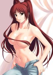 Rule 34 | 00s, 1girl, breasts, brown eyes, censored, convenient censoring, denim, hair censor, hair over breasts, jeans, kousaka tamaki, long hair, navel, pants, red hair, solo, tanaka shoutarou, to heart, to heart (series), to heart 2, tomboy, topless, twintails, undressing, upper body