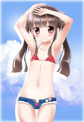 Rule 34 | 1girl, armpits, arms up, bad id, bad pixiv id, bare shoulders, bikini, brown eyes, brown hair, cloud, day, denim, denim shorts, flat chest, highres, long hair, looking at viewer, md5 mismatch, navel, noto (soranoto), original, red bikini, short shorts, shorts, sky, smile, solo, swimsuit, thigh gap, twintails