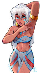 Rule 34 | 1girl, armlet, armpits, arms behind head, artist name, atlantis: the lost empire, blue bra, blue eyes, blue nails, bra, breasts, cleavage, cleft of venus, dark-skinned female, dark skin, dated, earrings, eymbee, facepaint, female pubic hair, jewelry, kidagakash, large breasts, long hair, looking at viewer, navel, nipples, open mouth, pelvic curtain, pubic hair, pussy, see-through, see-through bra, simple background, solo, spread armpit, underwear, wet, wet clothes, white background, white hair