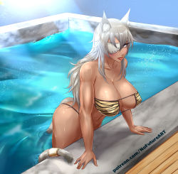 Rule 34 | animal print, bikini, breasts, cleavage, dark skin, facial scar, ghislaine dedoldia, highres, large breasts, muscular, muscular female, mushoku tensei, nofuture, one-eyed, scar, scar on cheek, scar on face, silver hair, solo, swimsuit, tail, tail ornament, tail ring, tiger print, wooden floor
