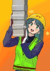 1girl aqua_hair commentary construction_worker gloves green_eyes hard_hat helmet highres long_hair nahia_(some1else45) open_mouth original solo some1else45 sweatdrop