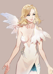 Rule 34 | 1girl, alternate costume, arms at sides, artist name, asymmetrical clothes, bare arms, bare shoulders, blonde hair, breasts, cleavage, collarbone, cowboy shot, dated, dress, evening gown, lace, lips, looking away, looking to the side, mechanical wings, medium breasts, mercy (overwatch), overwatch, overwatch 1, pink lips, psd, short hair, signature, single strap, single wing, sleeveless, sleeveless dress, smile, solo, standing, swept bangs, white dress, wings