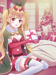 Rule 34 | 1girl, azur lane, bell, belt, blonde hair, cape, christmas, christmas ornaments, christmas present, christmas tree, cloak, commission, detached sleeves, dress, elbow gloves, fang, gift, gloves, hair ornament, hair ribbon, highres, jenkins (azur lane), jenkins (light of the holiest star) (azur lane), mikoko1, red dress, red eyes, ribbon, skeb commission, smile, solo, thighhighs, thighs, two side up, wavy hair, white thighhighs