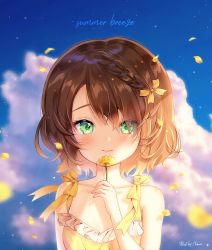 Rule 34 | 1girl, bad id, bad pixiv id, bare arms, bare shoulders, blue sky, blush, bow, braid, brown hair, closed mouth, cloud, cloudy sky, commentary, day, dress, english commentary, english text, eyes visible through hair, fingernails, flower, green eyes, hair bow, hair over one eye, holding, holding flower, nami (nyaa), original, outdoors, petals, short hair, signature, sky, sleeveless, sleeveless dress, smile, solo, upper body, yellow bow, yellow dress, yellow flower