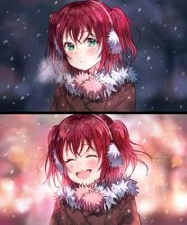 Rule 34 | 1girl, :d, :o, backlighting, blurry, blush, bokeh, breath, coat, comic, depth of field, earmuffs, facing viewer, fur collar, fur trim, green eyes, highres, hyugo, kurosawa ruby, looking at viewer, love live!, love live! sunshine!!, md5 mismatch, motion blur, open mouth, parted lips, red hair, resolution mismatch, round teeth, silent comic, smile, snowing, source smaller, tareme, teeth, two side up, upper body, winter