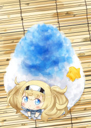 Rule 34 | 1girl, bamboo screen, blonde hair, blue eyes, blue hawaii, blue shirt, collared shirt, commentary request, food, gambier bay (kancolle), gloves, hair between eyes, hairband, hinata yuu, in food, kantai collection, mini person, minigirl, multicolored clothes, multicolored gloves, pocket, shaved ice, shirt, short sleeves, smile, star (symbol), twintails