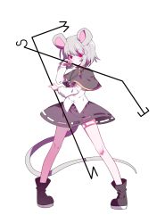 Rule 34 | 1girl, animal ears, ankle boots, bing zizi, black footwear, blouse, boots, capelet, closed mouth, commentary request, dowsing rod, expressionless, full body, grey hair, grey skirt, highres, holding, jewelry, legs apart, long sleeves, looking at viewer, miniskirt, mouse ears, mouse tail, nazrin, necklace, no socks, pendant, pigeon-toed, pink eyes, shirt, short hair, skirt, slit pupils, solo, standing, tail, touhou, transparent background, white shirt