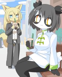Rule 34 | 2girls, :t, animal ears, bench, black hair, blonde hair, blue eyes, blue sky, breasts, bubble tea, buttons, closed mouth, cloud, collared shirt, colored skin, commentary request, day, dog ears, dog girl, dog tail, dress, drinking straw, drinking straw in mouth, full body, lets0020, long hair, long sleeves, looking at viewer, medium bangs, medium breasts, multiple girls, office lady, on bench, original, outdoors, panda ears, panda girl, panda tail, shirt, short dress, short hair, sitting, sky, smile, standing, tail, white dress, white shirt, yellow eyes, yellow skin