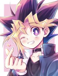 Rule 34 | 1boy, black hair, blonde hair, blush, bright pupils, chirichiri ygo, choker, commentary request, grin, hand up, heart, highres, jacket, long sleeves, looking at viewer, male focus, muto yugi, one eye closed, open clothes, open jacket, popped collar, purple eyes, purple hair, smile, solo, spiked hair, teeth, upper body, white pupils, yu-gi-oh!