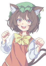 Rule 34 | 1girl, :d, absurdres, animal ear fluff, animal ears, blush, bow, bowtie, brown hair, cat ears, cat tail, chen, commentary request, dress, earrings, eyebrows hidden by hair, fang, flat chest, gold trim, green hat, hair between eyes, hat, highres, jewelry, kame (kamepan44231), long sleeves, mob cap, multiple tails, nekomata, one-hour drawing challenge, open mouth, paw pose, red dress, red eyes, shirt, short hair, simple background, single earring, smile, solo, tail, touhou, two tails, upper body, white background, white shirt, yellow bow, yellow bowtie