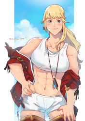 Rule 34 | 1girl, abs, armor, blonde hair, blue eyes, collarbone, crop top, final fantasy, final fantasy xiv, greaves, jacket, jewelry, lyse hext, muscular, muscular female, navel, necklace, red jacket, sei (seiryuuden), short shorts, shorts, smile, solo, stomach, thighhighs