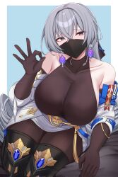 Rule 34 | 1girl, bare shoulders, boots, breasts, bronya rand, collarbone, commentary request, earrings, elbow gloves, fellatio gesture, gloves, grey eyes, grey hair, highres, honkai: star rail, honkai (series), jewelry, kanta (kanta 077), large breasts, long hair, looking at viewer, mask, mouth mask, pantyhose, simple background, solo, thick thighs, thigh boots, thighs