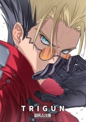 Rule 34 | 1boy, black gloves, black hair, blonde hair, blue eyes, copyright name, glasses, gloves, high collar, highres, jacket, looking at viewer, male focus, multicolored hair, natsushio (x2i2a), portrait, red jacket, round eyewear, short hair, solo, trigun, twitter username, two-tone hair, vash the stampede, white background