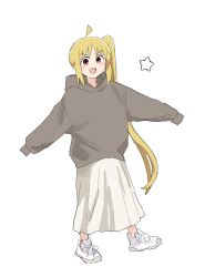 Rule 34 | 1girl, :d, ahoge, blonde hair, blush, bocchi the rock!, full body, grey hoodie, highres, hood, hood down, hoodie, ijichi nijika, long hair, long skirt, long sleeves, looking at viewer, ookiiayu, open mouth, outstretched arms, red eyes, shoes, side ponytail, sidelocks, simple background, skirt, sleeves past fingers, sleeves past wrists, smile, sneakers, solo, standing, star (symbol), v-shaped eyebrows, very long hair, white background, white footwear, white skirt