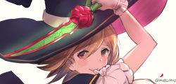 Rule 34 | 1girl, absurdres, bad id, bad pixiv id, blonde hair, blush stickers, brown eyes, dagger, djeeta (granblue fantasy), gloves, granblue fantasy, hat, heart, heart-shaped pupils, highres, knife, milli little, petals, puffy short sleeves, puffy sleeves, rose petals, short hair, short sleeves, smile, symbol-shaped pupils, twitter username, warlock (granblue fantasy), weapon, white background, wizard hat