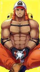 Rule 34 | 1boy, abs, absurdres, bara, bare pectorals, black hair, chest hair, chest harness, dark-skinned male, dark skin, facial hair, facial scar, firefighter, harness, heart, heart hands, highres, hose, large pectorals, crossed legs, looking at viewer, male focus, mature male, muscular, muscular male, navel, navel hair, ninja (yzpyn), nipple piercing, nipple rings, nipples, no shirt, one eye closed, orange pants, original, pants, pectorals, piercing, scar, scar on cheek, scar on face, sexually suggestive, short hair, sideburns, sitting, smile, solo, stomach, stubble, thick eyebrows, thick thighs, thighs, water, yzpyn