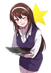 Rule 34 | 1girl, ;d, alternate costume, ashigara (kancolle), book, brown eyes, brown hair, cowboy shot, fang, hairband, highres, holding, holding book, kantai collection, ld (luna dial398), long hair, long sleeves, office lady, one eye closed, open mouth, pencil skirt, purple skirt, purple vest, shirt, simple background, skirt, smile, solo, star (symbol), vest, wavy hair, white background, white hairband, white shirt