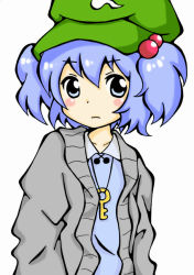Rule 34 | 1girl, alternate costume, bad id, bad pixiv id, blue eyes, blue hair, corrupted metadata, hair bobbles, hair ornament, hat, jacket, jewelry, kawashiro nitori, key, long sleeves, looking at viewer, matching hair/eyes, meme-tan (bana nan26), millipen (medium), necklace, open clothes, open jacket, shirt, solo, touhou, traditional media, twintails, two side up, upper body
