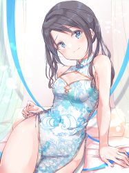 Rule 34 | 1girl, arm support, bare shoulders, black hair, blue dress, blue eyes, blush, china dress, chinese clothes, cleavage cutout, closed mouth, clothing cutout, contrapposto, dress, floral print, hair over shoulder, high collar, idolmaster, idolmaster shiny colors, looking at viewer, mitsumine yuika, no panties, on bed, pelvic curtain, print dress, shiitake taishi, side cutout, side slit, simple background, sitting, smile, solo, swept bangs, thighs, twintails, untying