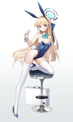 Rule 34 | 1girl, absurdres, animal ear hairband, animal ears, aqua bow, aqua bowtie, arnold-s, bare shoulders, blonde hair, blue archive, blue eyes, blue footwear, blue leotard, bow, bowtie, breasts, briefcase, cleavage, closed mouth, covered navel, detached collar, earpiece, fake animal ears, fake tail, full body, grey background, groin, hair bow, hairband, halo, high heels, highres, leotard, long hair, looking at viewer, microphone, playboy bunny, rabbit ear hairband, rabbit ears, rabbit tail, small breasts, smile, solo, stool, tail, thighhighs, toki (blue archive), toki (bunny) (blue archive), v, white thighhighs, wrist cuffs