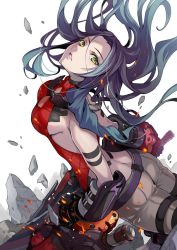 Rule 34 | 1girl, black hair, breaking, breasts, god eater, gradient hair, green eyes, highres, holding, holding sword, holding weapon, long hair, lulu baran, mechanical, multicolored hair, parted lips, pokimari, rock, scar, scar across eye, scar on face, shatter, simple background, solo, sparks, sword, teeth, weapon, white background