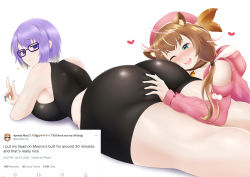 Rule 34 | 2girls, absurdres, animal ears, ass, ass grab, ass pillow, ass press, ayunda risu, bare shoulders, bike shorts, black shorts, blue eyes, breasts, brown hair, cheek press, closed mouth, clothing cutout, from behind, grabbing another&#039;s ass, hat, head on ass, highres, hololive, hololive indonesia, huge ass, large breasts, looking back, lying, mee don, moona hoshinova, multiple girls, on stomach, one eye closed, peace symbol, pink headwear, pink sweater, purple eyes, purple hair, screenshot inset, shiny clothes, shiny skin, short hair, shorts, shoulder cutout, simple background, sleeveless, spandex, sports bra, sportswear, squirrel ears, sweater, thighs, v, virtual youtuber, white background