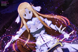 Rule 34 | absurdres, armor, artist request, asuna (sao), breasts, brown eyes, brown hair, cleavage, dress, glowing, highres, holding, holding sword, holding weapon, long hair, rapier, sword, sword art online, sword art online: alicization, sword art online: alicization - war of underworld, thighhighs, weapon