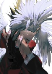 Rule 34 | 2boys, black gloves, black hair, blonde hair, blood, blood on hands, feathered wings, fingerless gloves, gloves, hand up, highres, jacket, long sleeves, male focus, mix (wkupmix), multiple boys, multiple wings, nicholas d. wolfwood, open mouth, out of frame, red jacket, short hair, smile, trigun, vash the stampede, white background, wings