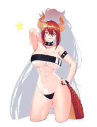 Rule 34 | 1girl, abs, arm up, bracelet, breasts, cleavage, collar, dragon girl, dragon horns, dragon tail, gris swimsuit, highres, horns, jewelry, large breasts, long hair, meme attire, ponytail, red hair, see-through, solo, spiked bracelet, spiked collar, spikes, swimsuit, tail, underboob, virtual youtuber, vshojo, yellow eyes, yorunys, zentreya