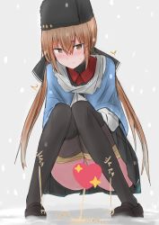 Rule 34 | 1girl, absurdres, blush, brown eyes, censored, fur hat, hair ornament, hairclip, hat, heart, heart censor, highres, kamaboko senshi, kantai collection, looking down, outdoors, panties, panty pull, pantyhose, peeing, snow, solo, squatting, tashkent (kancolle), twintails, underwear, ushanka, yellow snow