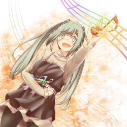 Rule 34 | 1girl, aqua eyes, arm up, dress, green hair, hatsune miku, highres, long hair, musical note, open mouth, pantyhose, solo, til (tilpim), transparent background, twintails, vocaloid