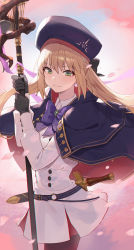 Rule 34 | 1girl, artoria caster (fate), artoria caster (second ascension) (fate), artoria pendragon (fate), black bow, black cape, black headwear, black pantyhose, blonde hair, blush, bow, bowtie, cape, chromatic aberration, closed mouth, cowboy shot, dress, fate/grand order, fate (series), gradient background, green eyes, hair bow, highres, holding, holding staff, long hair, long sleeves, looking at viewer, pantyhose, petals, pink background, purple bow, purple bowtie, seon (seonon ), sheath, sheathed, smile, solo, staff, sword, very long hair, weapon, white dress