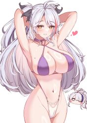 Rule 34 | 2girls, absurdres, armpits, arms behind head, azur lane, bikini, breasts, chibi, chibi inset, cleavage, cosplay, cowboy shot, criss-cross halter, halterneck, heart, highres, large breasts, looking at viewer, mole, mole on breast, moyoron, multicolored hair, multiple girls, official alternate costume, prinz eugen (azur lane), simple background, slingshot swimsuit, smile, streaked hair, swimsuit, thong bikini, two-tone bikini, two side up, unzen (azur lane), unzen (azur lane) (cosplay), unzen (sojourn through clear seas) (azur lane), white background