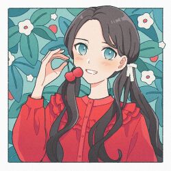 Rule 34 | 1girl, aqua eyes, black hair, blush, border, buttons, cherry, commentary request, flower, flower (symbol), food, frilled shirt, frills, fruit, grin, hair behind ear, hair ribbon, hand up, highres, holding, holding food, holding fruit, leaf, long hair, long sleeves, looking at viewer, nahara saki, original, outside border, parted bangs, red shirt, ribbon, shirt, smile, solo, twintails, upper body, white border, white flower, white ribbon