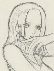 Rule 34 | 1girl, boa hancock, china dress, chinese clothes, dress, earrings, female focus, highres, jewelry, long hair, monochrome, one piece, outline, sketch, solo