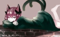 Rule 34 | 1girl, animal ears, barefoot, bow, braid, cat ears, cat tail, dated, dress, green dress, hair bow, hair ornament, kaenbyou rin, long sleeves, looking at viewer, lying, md5 mismatch, multiple tails, namauni, nekomata, on stomach, one eye closed, red eyes, red hair, resized, resolution mismatch, smile, solo, source larger, tail, touhou, twin braids