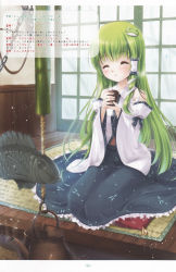 Rule 34 | 1girl, absurdres, blush, cup, detached sleeves, closed eyes, fish, frog hair ornament, green hair, hair ornament, hair tubes, highres, japanese clothes, kochiya sanae, long hair, long sleeves, midriff, miko, miyase mahiro, open mouth, scan, shirt, sitting, skirt, smile, snake hair ornament, solo, teacup, text focus, touhou, traditional clothes, translation request, wide sleeves