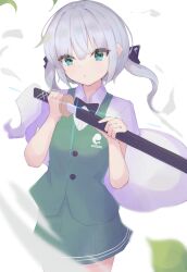 Rule 34 | 1girl, alternate hairstyle, black bow, black bowtie, bow, bowtie, closed mouth, collared shirt, commentary request, cowboy shot, ghost, green eyes, green skirt, green vest, grey hair, highres, holding, holding sword, holding weapon, konpaku youmu, konpaku youmu (ghost), leaf, long hair, looking at viewer, low twintails, matcha yado, sheath, shirt, short sleeves, simple background, skirt, solo, standing, sword, touhou, twintails, unsheathing, vest, weapon, white background, white shirt