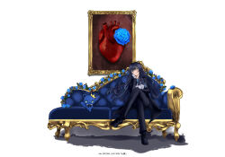 Rule 34 | 1girl, absurdres, ado (utaite), adorozatorumary, black coat, black footwear, black hair, black pants, blue eyes, blue flower, blue rose, cat, chaise longue, chando (ado), closed mouth, cloud nine inc, coat, collared shirt, commentary request, couch, crossed legs, dress shirt, flower, gloves, hand on own cheek, hand on own face, highres, long hair, mole, mole under eye, open clothes, open coat, painting (object), pants, rain (rain910), rose, sanrio, shadow, shinzou (ado), shirt, sidelocks, simple background, sitting, solo, utaite, white background, white gloves, white shirt