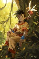 Rule 34 | 1boy, 1girl, arus (dragon quest), black hair, blonde hair, closed mouth, dragon quest roto no monshou, dress, fairy, fairy wings, foot out of frame, hairband, highres, jewelry, long hair, mini person, necklace, pointy ears, sitting, smile, sword, tree, wakana 0125, weapon, wings, wooden sword