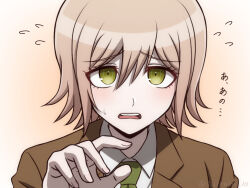 Rule 34 | 1boy, artist name, blonde hair, brown background, brown jacket, collared shirt, commentary request, d:, danganronpa (series), danganronpa 3 (anime), flying sweatdrops, gradient background, green eyes, green necktie, hand up, hope&#039;s peak academy school uniform, jacket, male focus, mitarai ryota, necktie, open mouth, portrait, radial gradient background, school uniform, shirt, short hair, solo, suiren yurei, sweat, teeth, translated, twitter username, upper teeth only, watermark