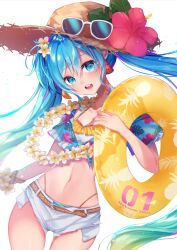 Rule 34 | 1girl, :d, aqua eyes, aqua hair, bikini, blue-tinted eyewear, blush, bracelet, breasts, character name, dutch angle, earrings, eyewear on head, flower, frilled bikini, frills, hair between eyes, hair flower, hair ornament, hat, hatsune miku, hibiscus, highres, holding, jewelry, long hair, looking at viewer, midriff, mizu mado, navel, open mouth, red flower, short shorts, shorts, simple background, small breasts, smile, solo, stomach, straw hat, summer, sunglasses, swimsuit, tinted eyewear, vocaloid, white-framed eyewear, white background, yellow flower